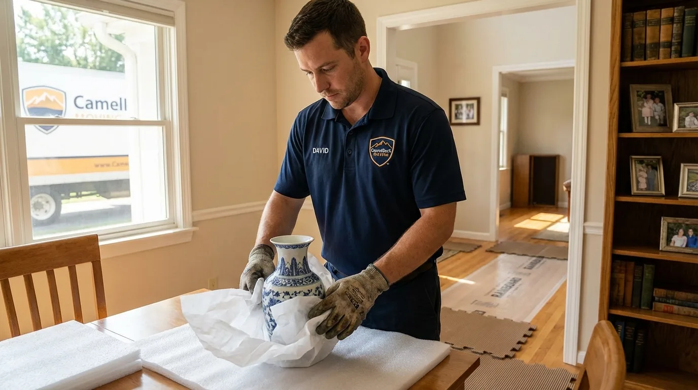 Professional crew carefully wrapping antique vase for senior downsizing move in Cordele, GA